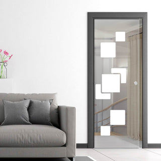 Image: Geometric Bold 8mm Clear Glass - Obscure Printed Design - Single Evokit Glass Pocket Door