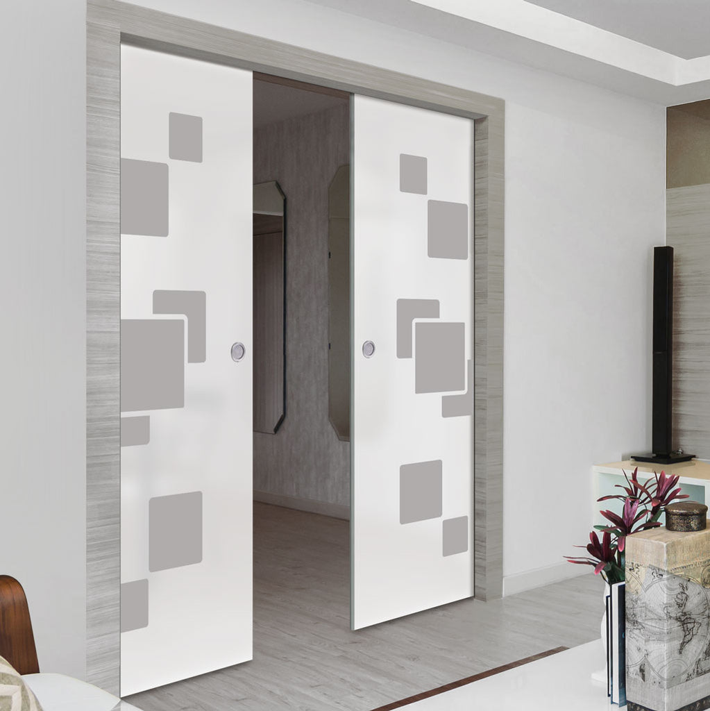 Geometric Bold 8mm Obscure Glass - Obscure Printed Design - Double Evokit Glass Pocket Door