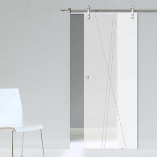 Image: Single Glass Sliding Door - Solaris Tubular Stainless Steel Sliding Track & Borthwick 8mm Obscure Glass - Obscure Printed Design