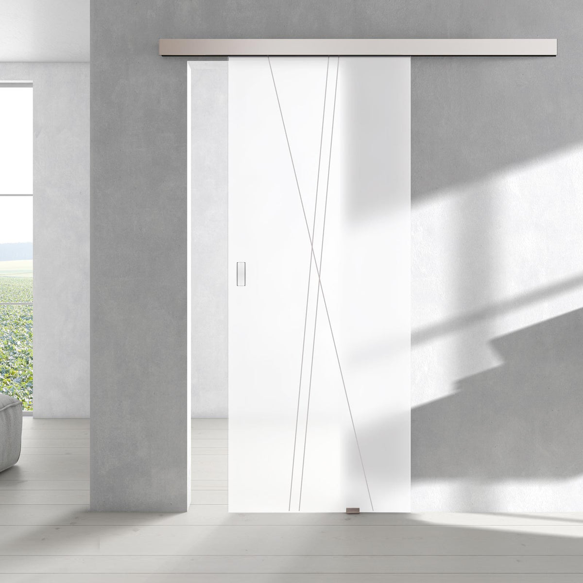 Single Glass Sliding Door - Borthwick 8mm Obscure Glass - Obscure Printed Design - Planeo 60 Pro Kit