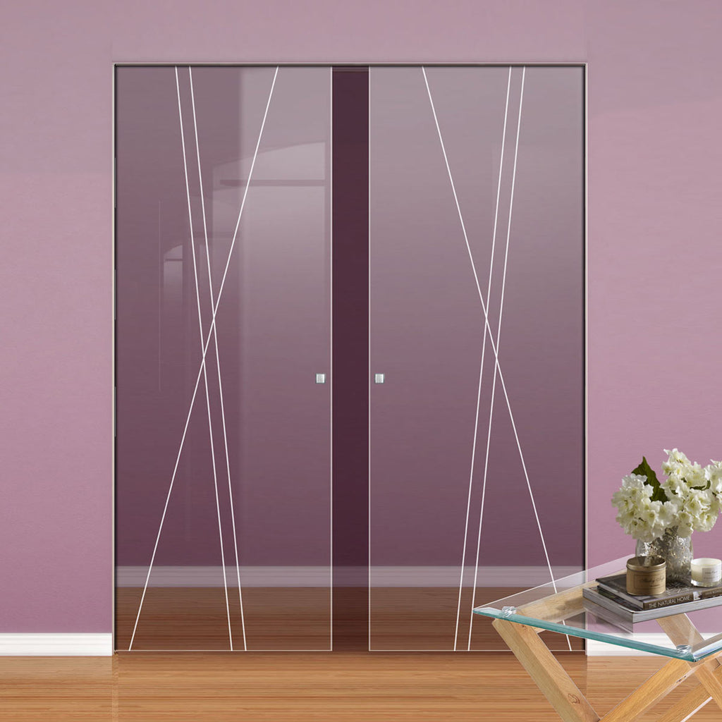 Borthwick 8mm Clear Glass - Obscure Printed Design - Double Absolute Pocket Door