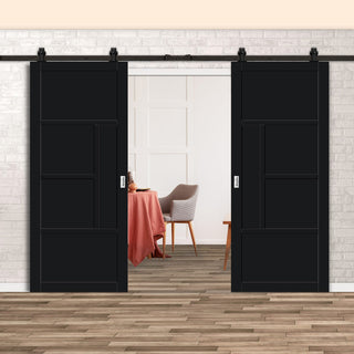 Image: Top Mounted Black Sliding Track & Solid Wood Double Doors - Eco-Urban® Boston 4 Panel Doors DD6311 - Shadow Black Premium Primed