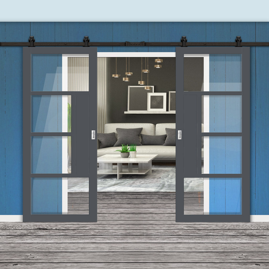 Top Mounted Black Sliding Track & Solid Wood Double Doors - Eco-Urban® Boston 4 Pane Doors DD6311G - Clear Glass - Stormy Grey Premium Primed