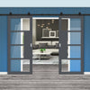 Top Mounted Black Sliding Track & Solid Wood Double Doors - Eco-Urban® Boston 4 Pane Doors DD6311G - Clear Glass - Stormy Grey Premium Primed