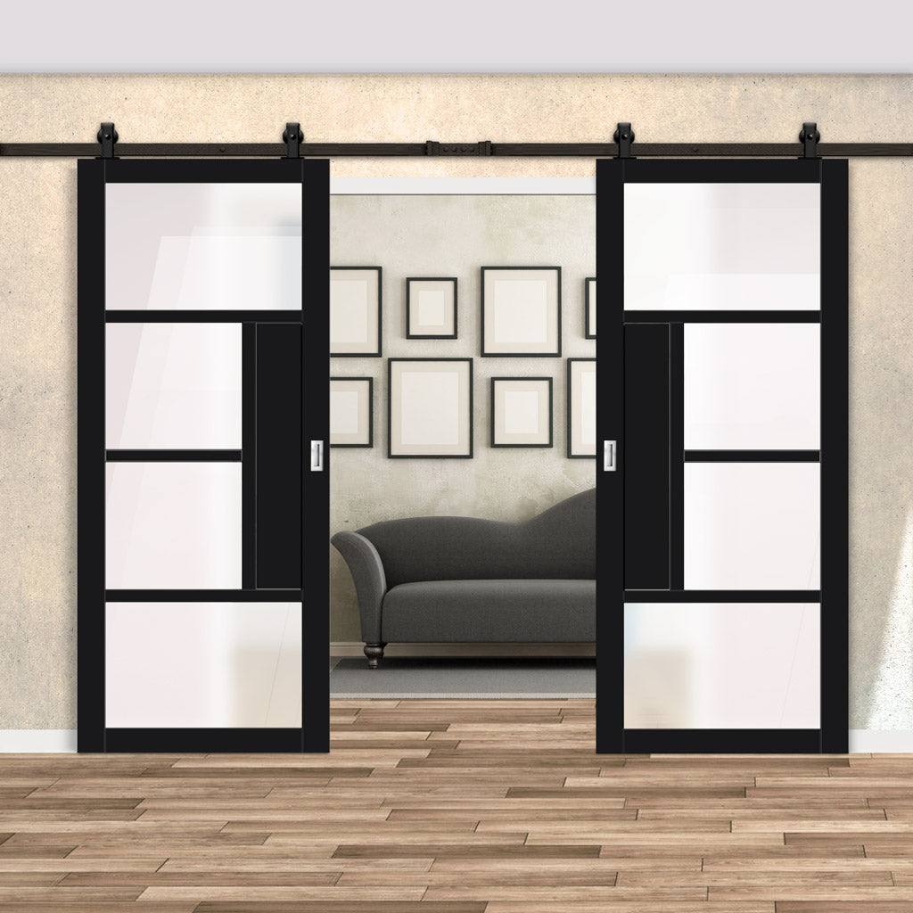 Top Mounted Black Sliding Track & Solid Wood Double Doors - Eco-Urban® Boston 4 Pane Doors DD6311SG - Frosted Glass - Shadow Black Premium Primed