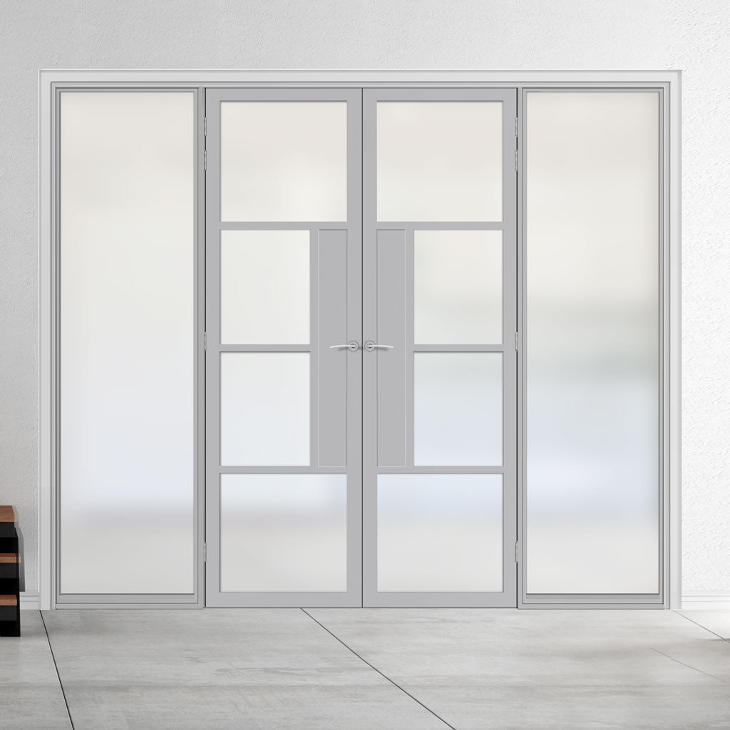 Bespoke Room Divider - Eco-Urban® Boston Door Pair DD6311F - Frosted Glass with Full Glass Sides - Premium Primed - Colour & Size Options