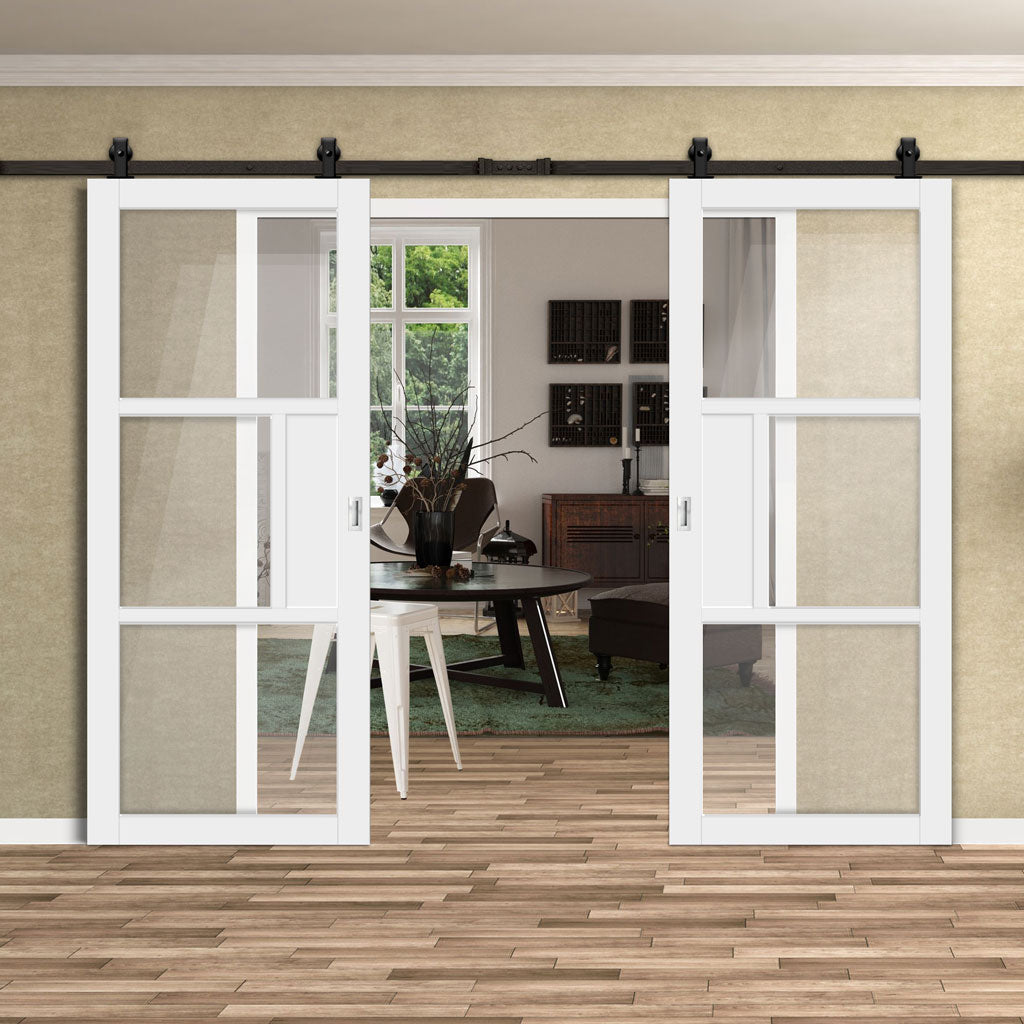Top Mounted Black Sliding Track & Solid Wood Double Doors - Eco-Urban® Breda 3 Pane 1 Panel Doors DD6439G Clear Glass - Cloud White Premium Primed
