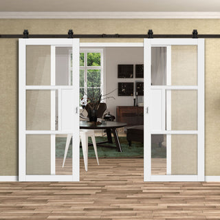 Image: Top Mounted Black Sliding Track & Solid Wood Double Doors - Eco-Urban® Breda 3 Pane 1 Panel Doors DD6439G Clear Glass - Cloud White Premium Primed