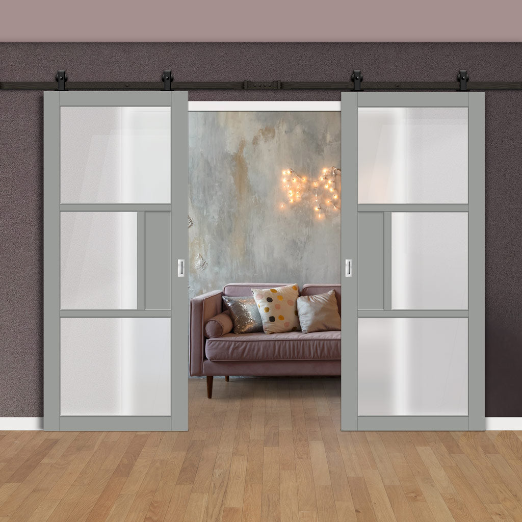 Top Mounted Black Sliding Track & Solid Wood Double Doors - Eco-Urban® Breda 3 Pane 1 Panel Doors DD6439G Clear Glass - Mist Grey Premium Primed