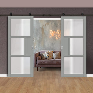 Image: Top Mounted Black Sliding Track & Solid Wood Double Doors - Eco-Urban® Breda 3 Pane 1 Panel Doors DD6439G Clear Glass - Mist Grey Premium Primed