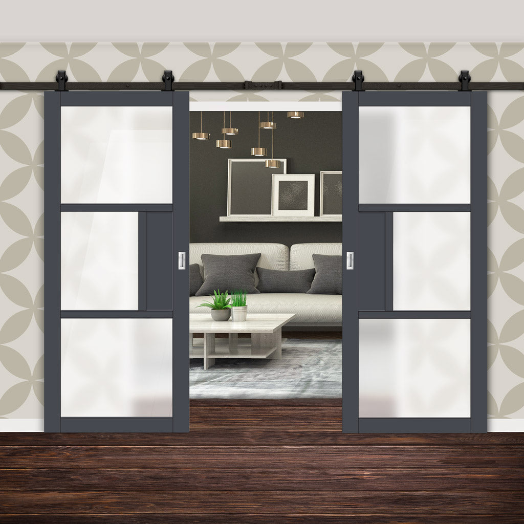 Top Mounted Black Sliding Track & Solid Wood Double Doors - Eco-Urban® Breda 3 Pane 1 Panel Doors DD6439SG Frosted Glass - Stormy Grey Premium Primed