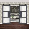 Top Mounted Black Sliding Track & Solid Wood Double Doors - Eco-Urban® Breda 3 Pane 1 Panel Doors DD6439SG Frosted Glass - Stormy Grey Premium Primed