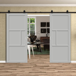 Image: Top Mounted Black Sliding Track & Solid Wood Double Doors - Eco-Urban® Breda 4 Panel Doors DD6439 - Mist Grey Premium Primed
