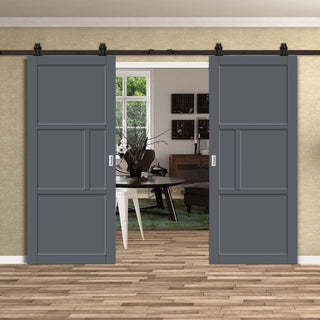 Image: Top Mounted Black Sliding Track & Solid Wood Double Doors - Eco-Urban® Breda 4 Panel Doors DD6439 - Stormy Grey Premium Primed