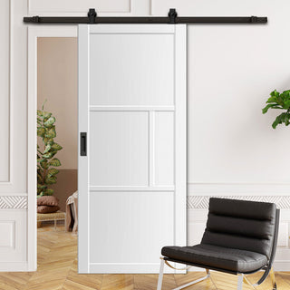 Image: Top Mounted Black Sliding Track & Solid Wood Door - Eco-Urban® Breda 4 Panel Solid Wood Door DD6439 - Cloud White Premium Primed