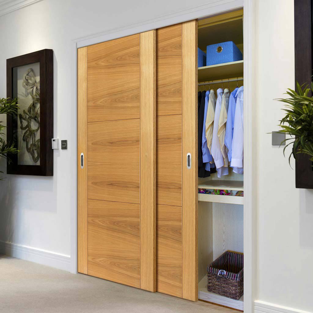 Two Sliding Wardrobe Doors & Frame Kit - Mistral Flush Oak Door - Decor Grooves - Prefinished