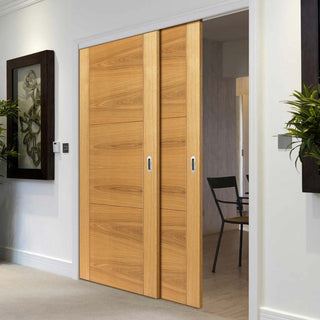 Image: Two Sliding Doors and Frame Kit - Mistral Flush Oak Door - Decor Grooves - Prefinished