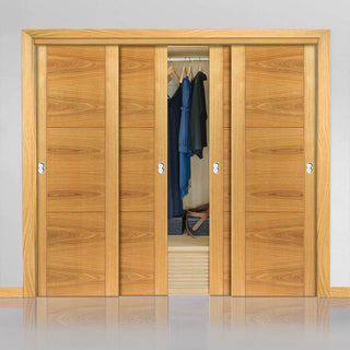 Image: Four Sliding Wardrobe Doors & Frame Kit - Mistral Flush Oak Door - Decor Grooves - Prefinished