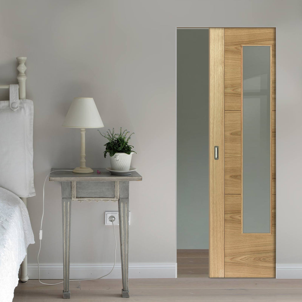 Mistral Oak Absolute Evokit Pocket Door - Clear Glass - Prefinished