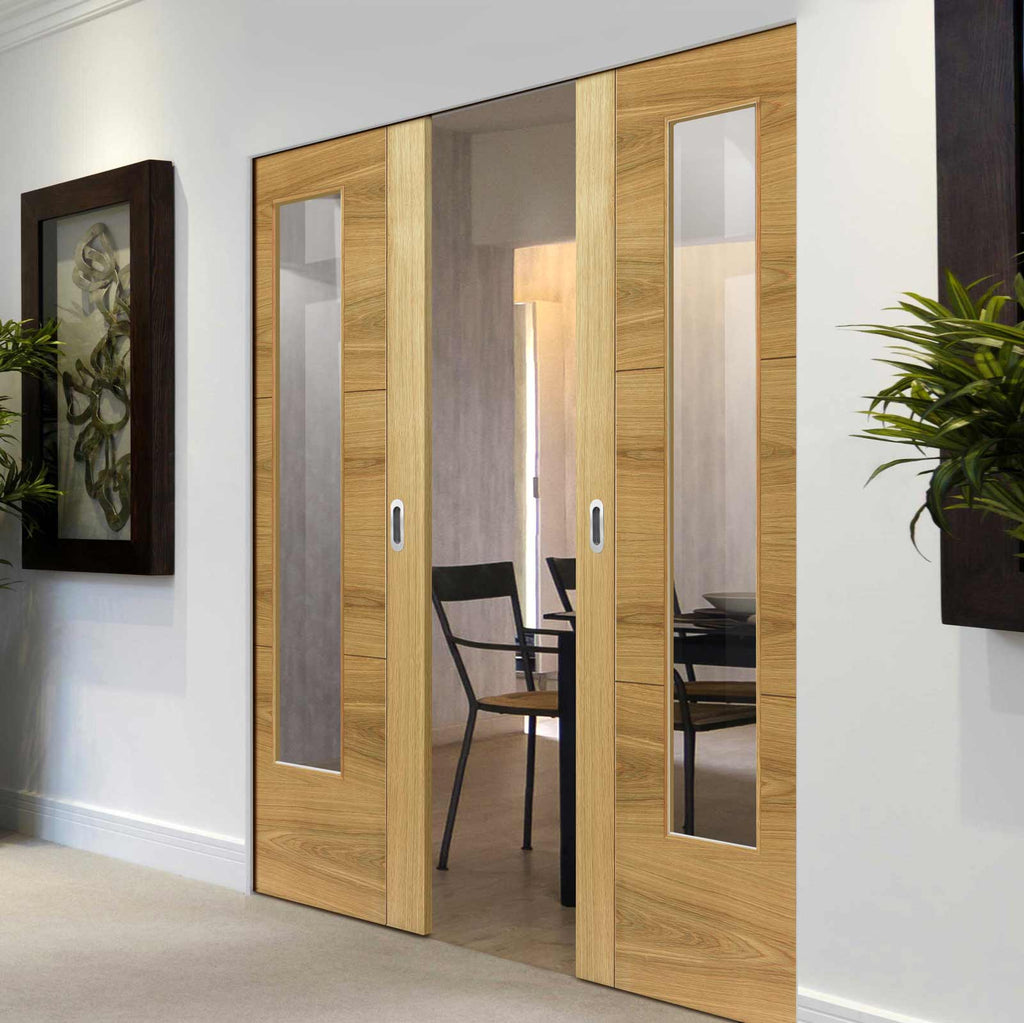 Mistral Oak Absolute Evokit Double Pocket Doors - Clear Glass - Prefinished