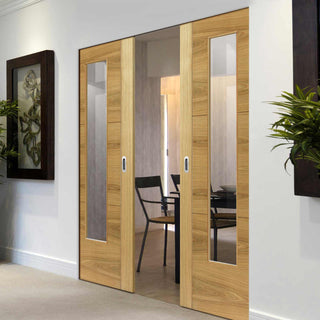 Image: Mistral Oak Absolute Evokit Double Pocket Doors - Clear Glass - Prefinished