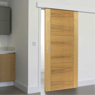 Image: Single Sliding Door & Wall Track - Mistral Flush Oak Door - Decor Grooves - Prefinished