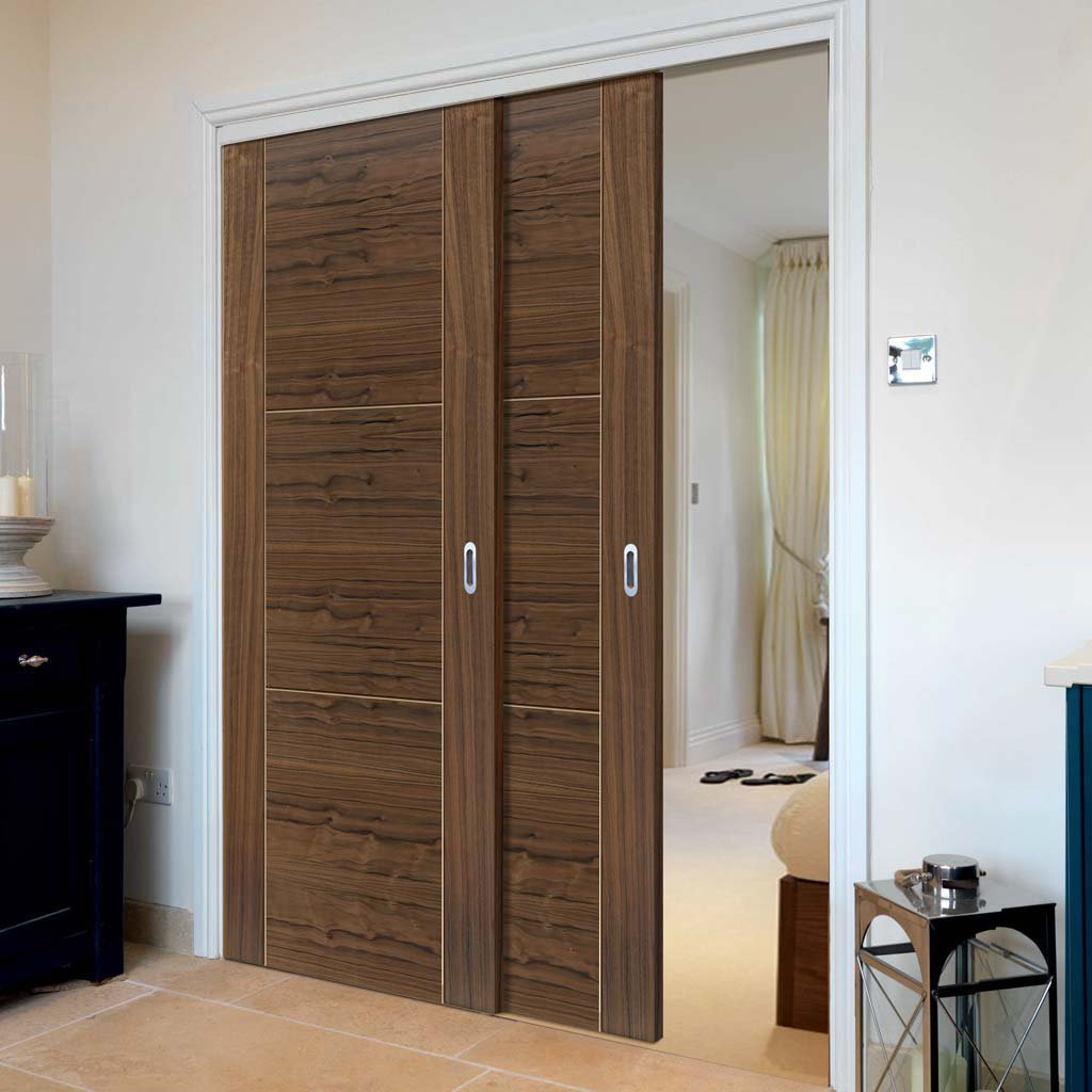 Two Sliding Doors and Frame Kit - Mistral Flush Walnut Door - Decor Grooves - Prefinished