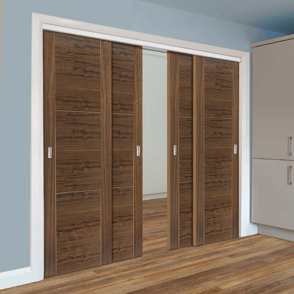 Four Sliding Doors and Frame Kit - Mistral Flush Walnut Door - Decor Grooves - Prefinished