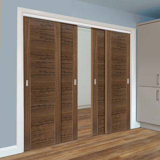 Image: Four Sliding Doors and Frame Kit - Mistral Flush Walnut Door - Decor Grooves - Prefinished