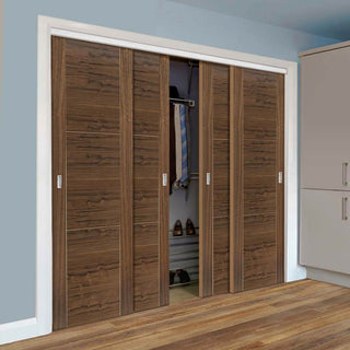 Image: Four Sliding Wardrobe Doors & Frame Kit - Mistral Flush Walnut Door - Decor Grooves - Prefinished