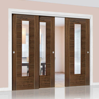 Image: Three Sliding Doors and Frame Kit - Mistral Flush Walnut Door - Decor Grooves - Clear Glass - Prefinished