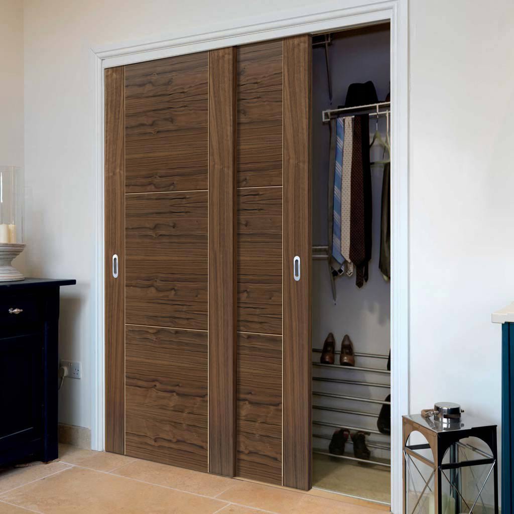 Two Sliding Wardrobe Doors & Frame Kit - Mistral Flush Walnut Door - Decor Grooves - Prefinished