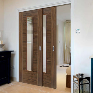 Image: Two Sliding Doors and Frame Kit - Mistral Flush Walnut Door - Decor Grooves - Clear Glass - Prefinished