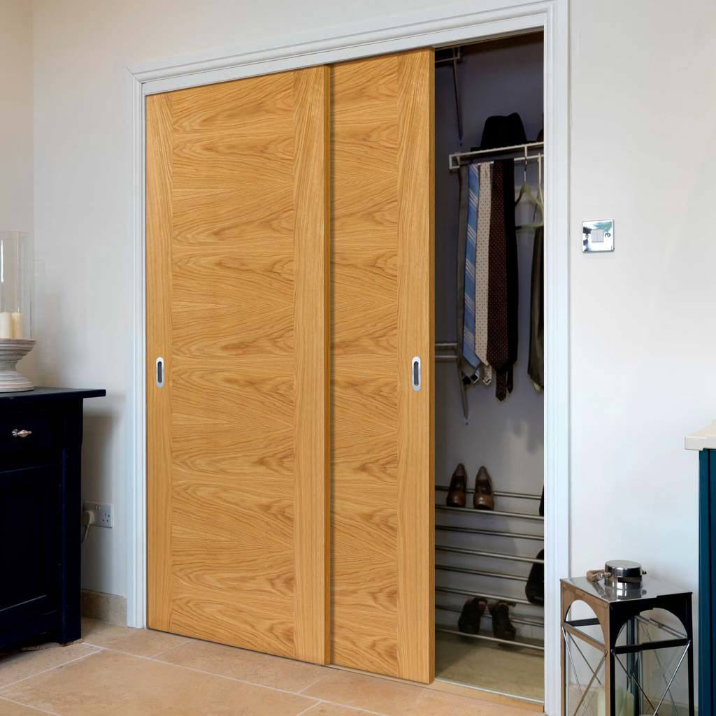 Two Sliding Wardrobe Doors & Frame Kit - Ostria Flush Oak Door - Prefinished