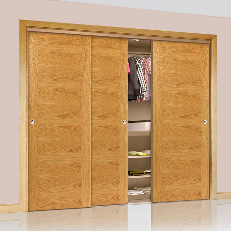 Three Sliding Wardrobe Doors & Frame Kit - Ostria Flush Oak Door - Prefinished