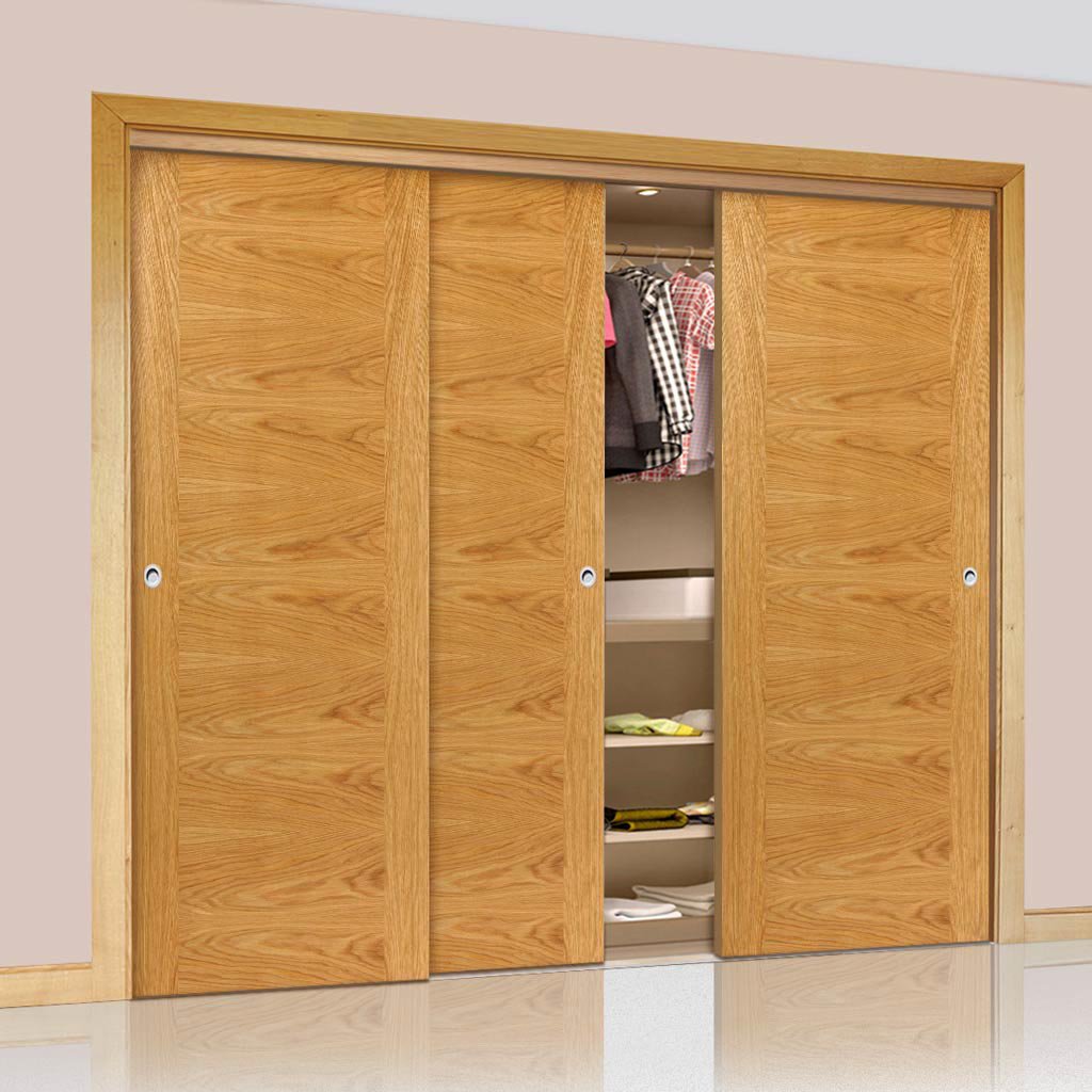 Three Sliding Wardrobe Doors & Frame Kit - Ostria Flush Oak Door - Prefinished