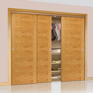 Image: Three Sliding Wardrobe Doors & Frame Kit - Ostria Flush Oak Door - Prefinished