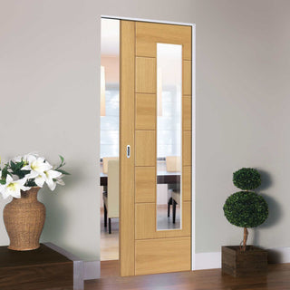 Image: Sirocco Oak Absolute Evokit Pocket Door - Clear Glass - Prefinished