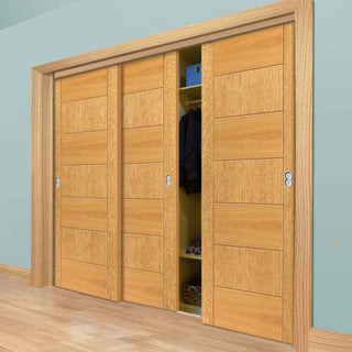 Image: Three Sliding Wardrobe Doors & Frame Kit - Sirocco Flush Oak Door - Prefinished
