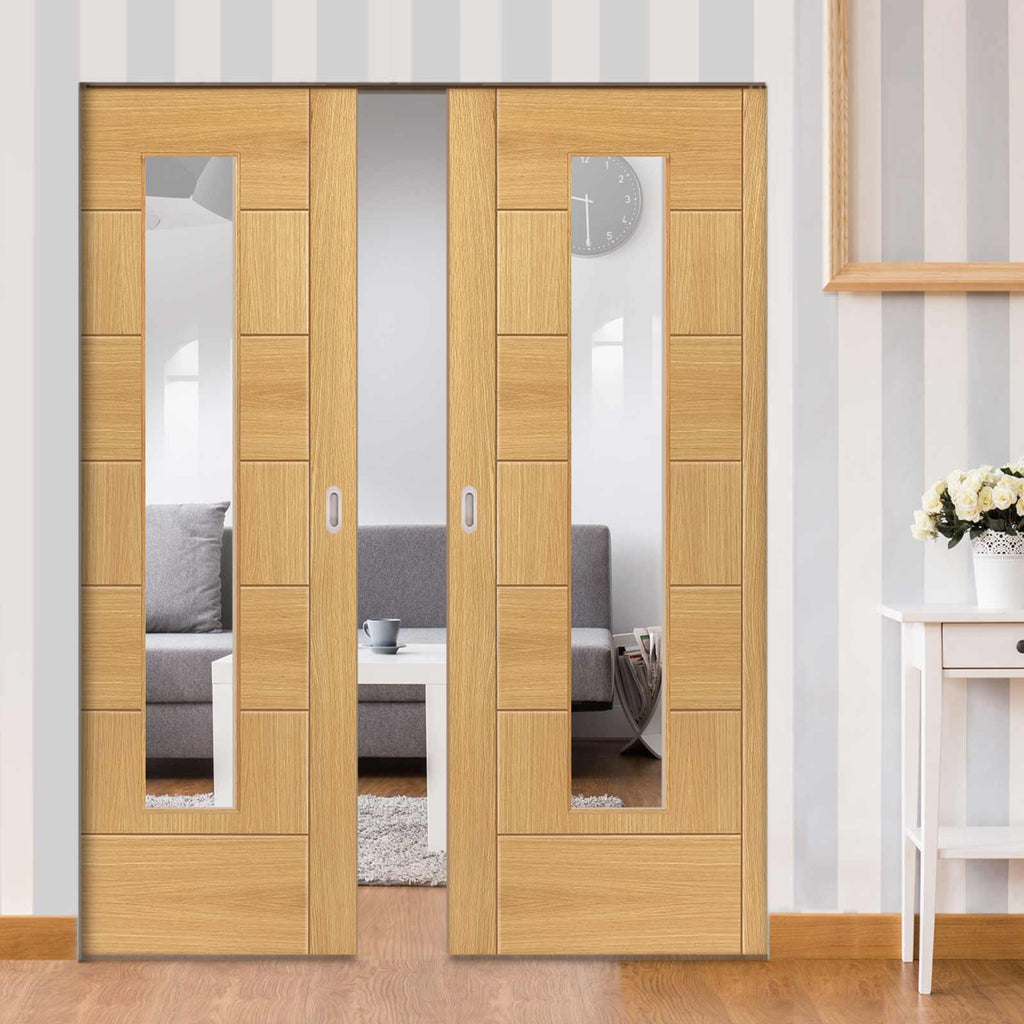 Sirocco Oak Absolute Evokit Double Pocket Doors - Clear Glass - Prefinished