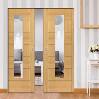 Image: Sirocco Oak Absolute Evokit Double Pocket Doors - Clear Glass - Prefinished