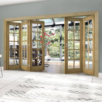 Five Folding Doors & Frame Kit - Bristol Oak 3+2 - 10 Pane Clear Bevelled Glass - Unfinished