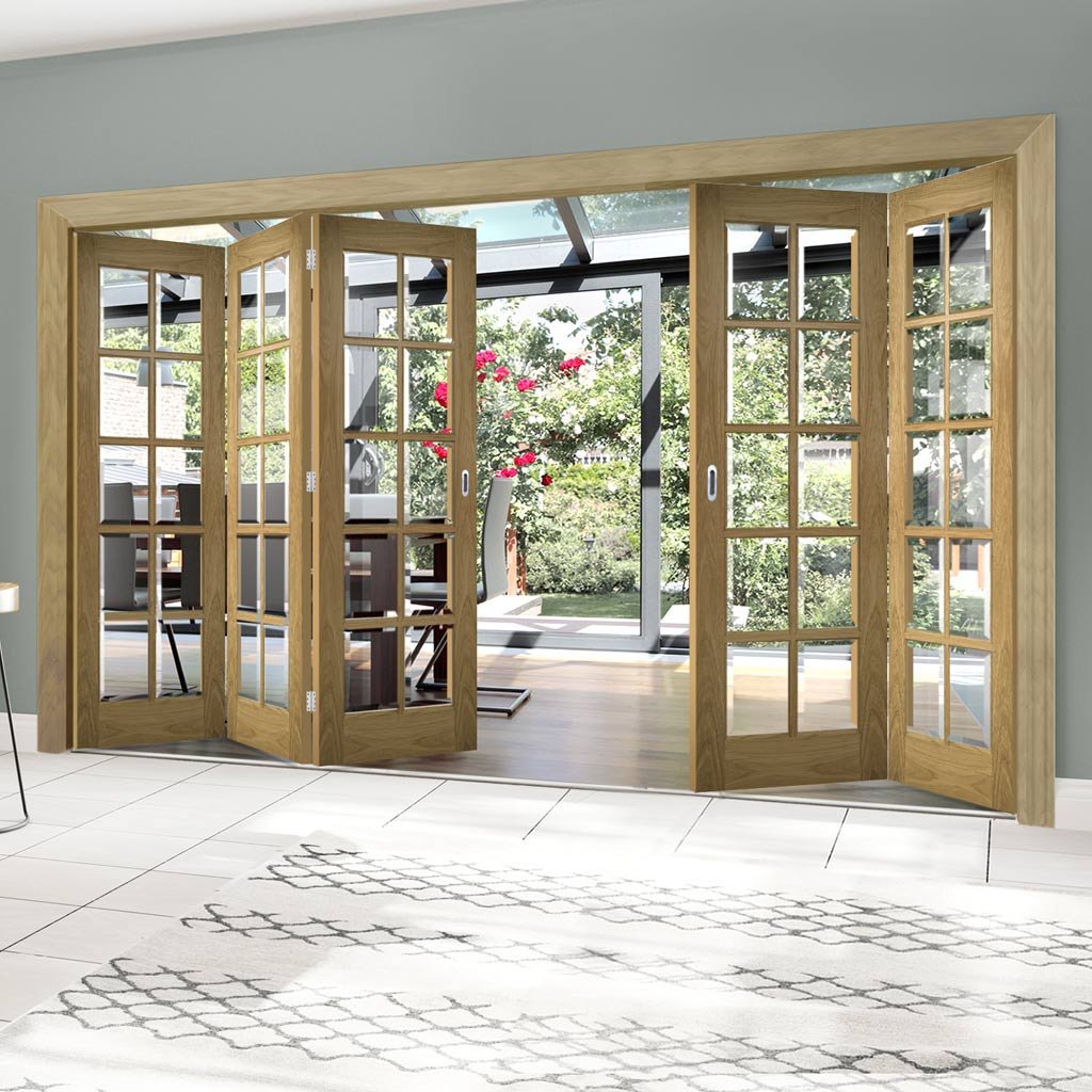 Five Folding Doors & Frame Kit - Bristol Oak 3+2 - 10 Pane Clear Bevelled Glass - Unfinished