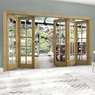 Image: Five Folding Doors & Frame Kit - Bristol Oak 3+2 - 10 Pane Clear Bevelled Glass - Unfinished