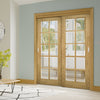 Pass-Easi Two Sliding Doors and Frame Kit - Bristol Oak Unfinished Door - 10 Pane Clear Bevelled Glass