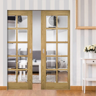 Image: Bristol Oak Absolute Evokit Double Pocket Doors - 10 Pane Clear Bevelled Glass - Unfinished