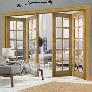 Image: Four Folding Doors & Frame Kit - Bristol Oak 2+2 - 10 Pane Clear Bevelled Glass - Unfinished
