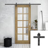 Single Sliding Door & Black Barn Track - Bristol Oak Unfinished Door - 10 Pane Clear Bevelled Safety Glass