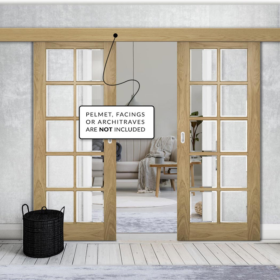 Double Sliding Door & Wall Track - Bristol Oak Unfinished Door - 10 Pane Clear Bevelled Glass
