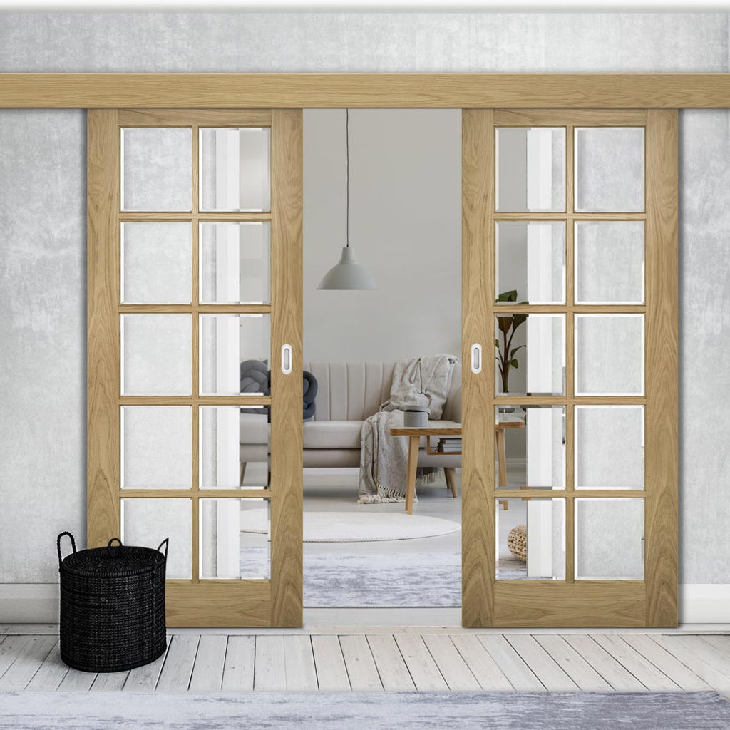 Double Sliding Door & Wall Track - Bristol Oak Unfinished Door - 10 Pane Clear Bevelled Glass